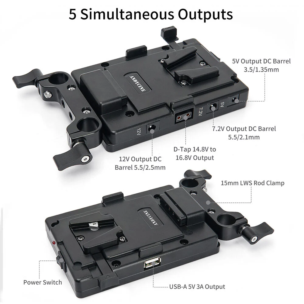 ANDYCINE Multi-Output V-Mount Battery Plate with Adjustable 15mm LWS Rod Bracket - Image 4
