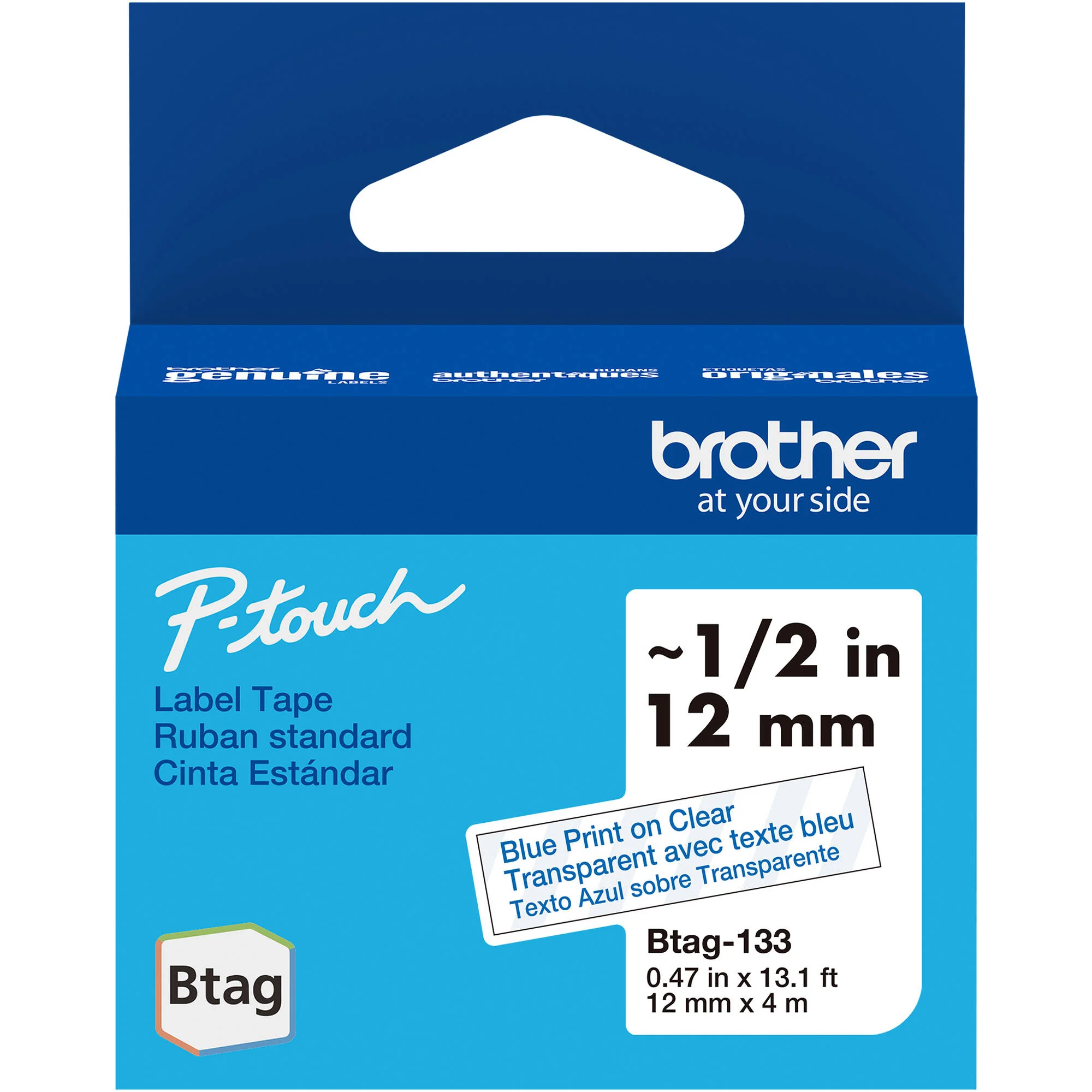 Brother Btag Label Tape for P-Touch PT-N10, PT-N20 & PT-N25BT (Blue on Clear, 0.5" x 13.1')