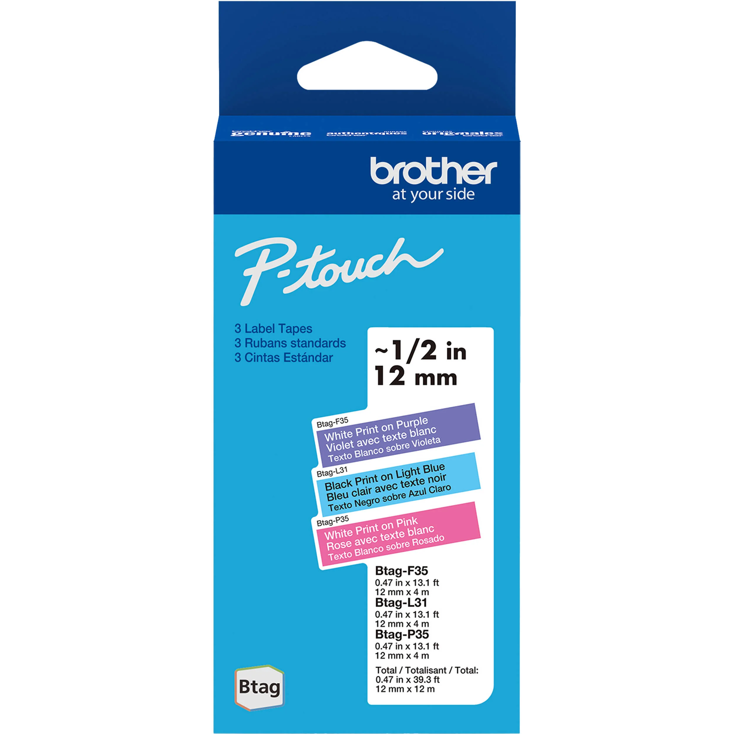 Brother Btag Label Tape for P-Touch PT-N10, PT-N20 & PT-N25BT (Set of 3, White/Purple, Black/Light Blue, White/Pink, 0.5" x 13.1')