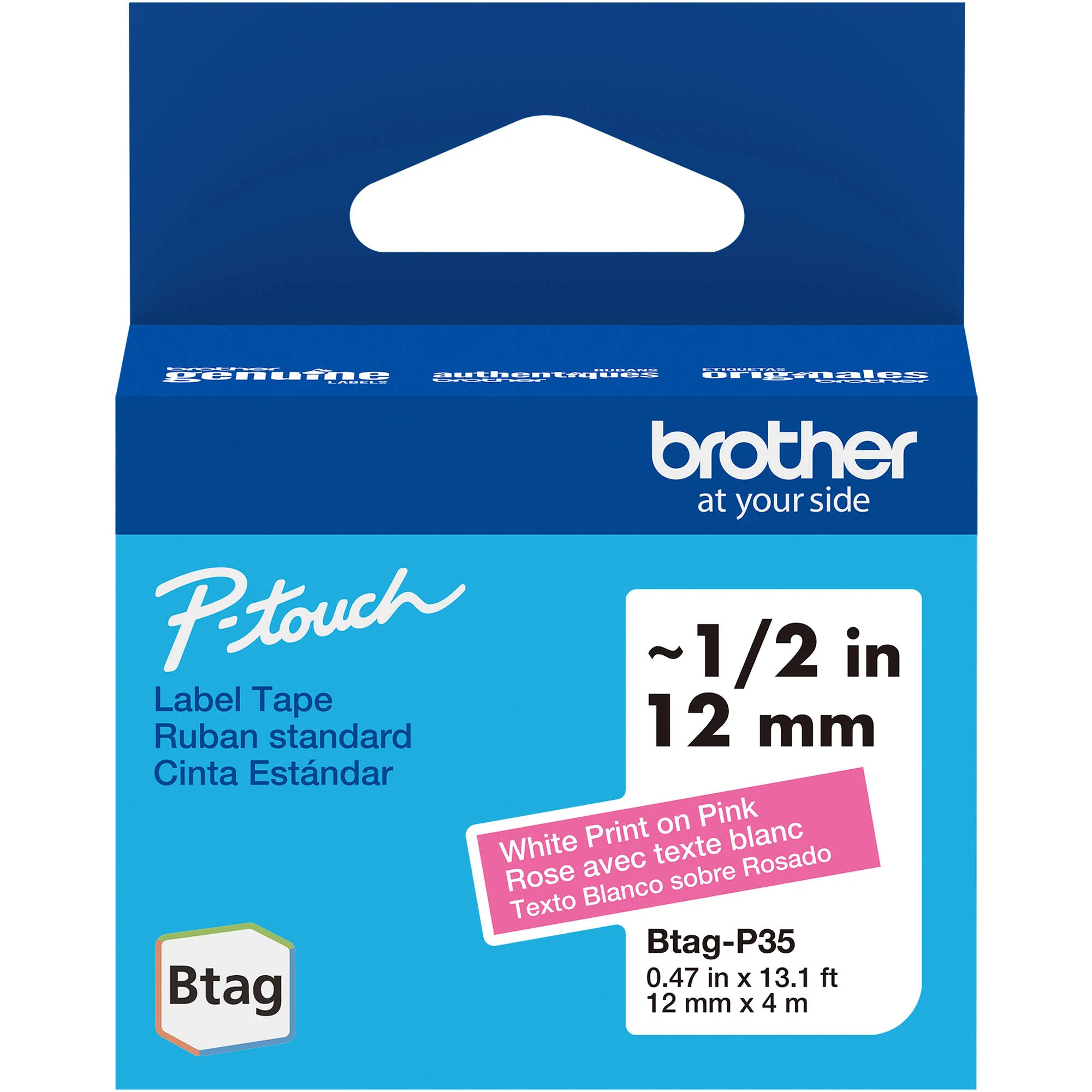 Brother Btag Label Tape for P-Touch PT-N10, PT-N20 & PT-N25BT (White on Pink, 0.5" x 13.1')