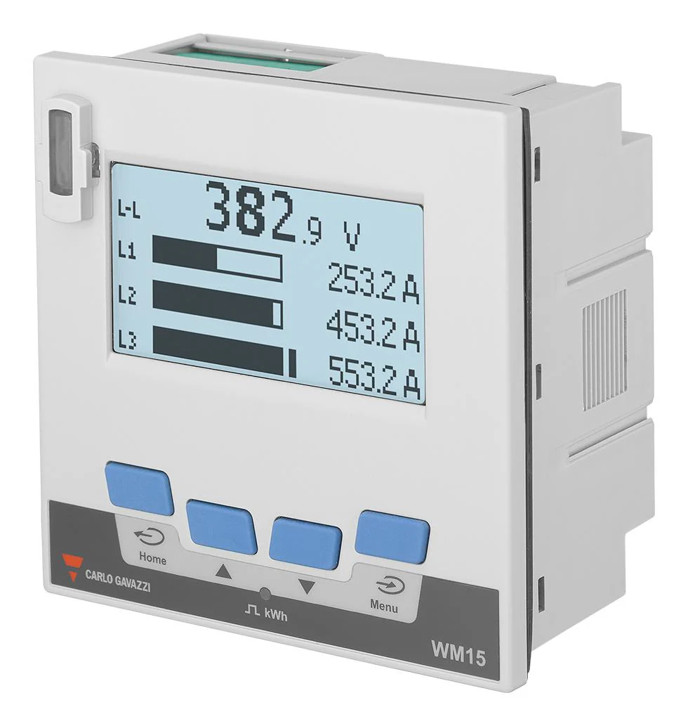 CARLO GAVAZZI WM1596AV53XOXX Power Analyzer, PC/ABS, 3 Phase, 120VAC to 240VAC, 208VAC to 415VAC, IP20, Panel, WM15 Series