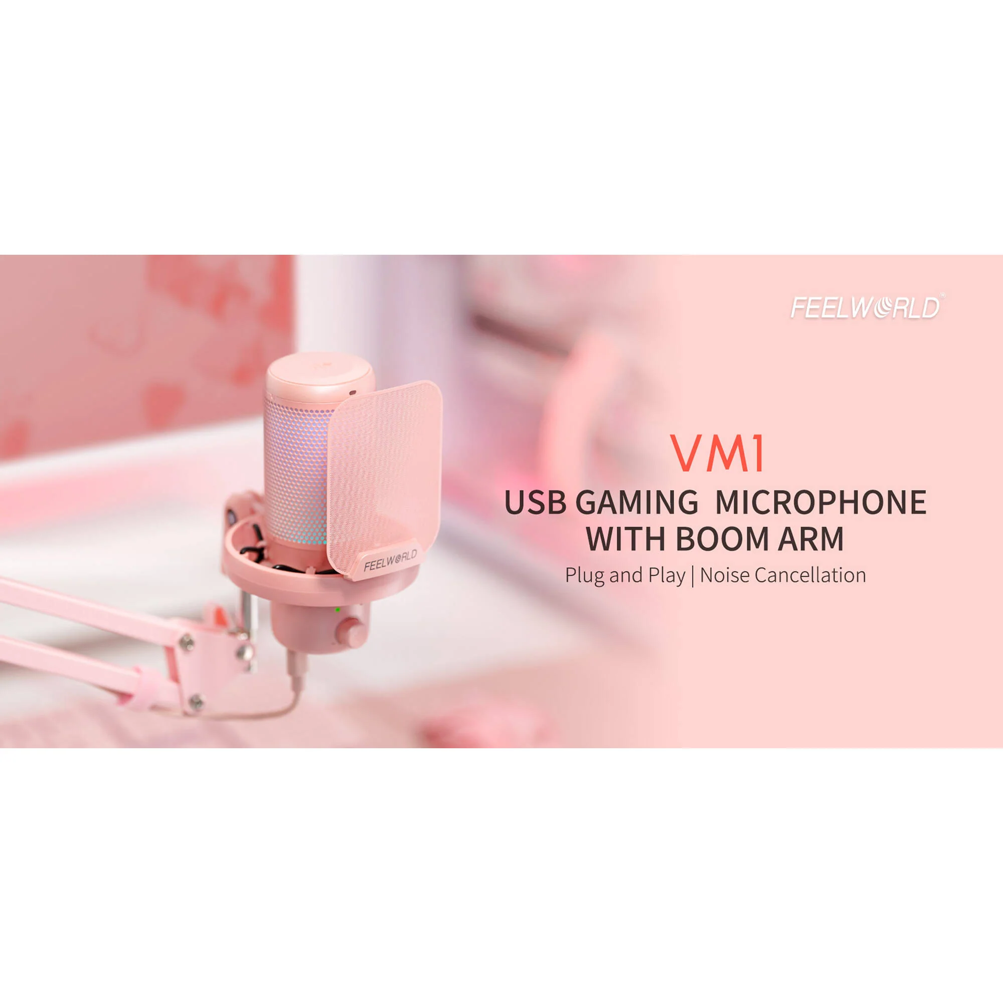 FeelWorld VM1-AS USB-C Gaming Microphone with Boom Arm (Pink) - Image 6