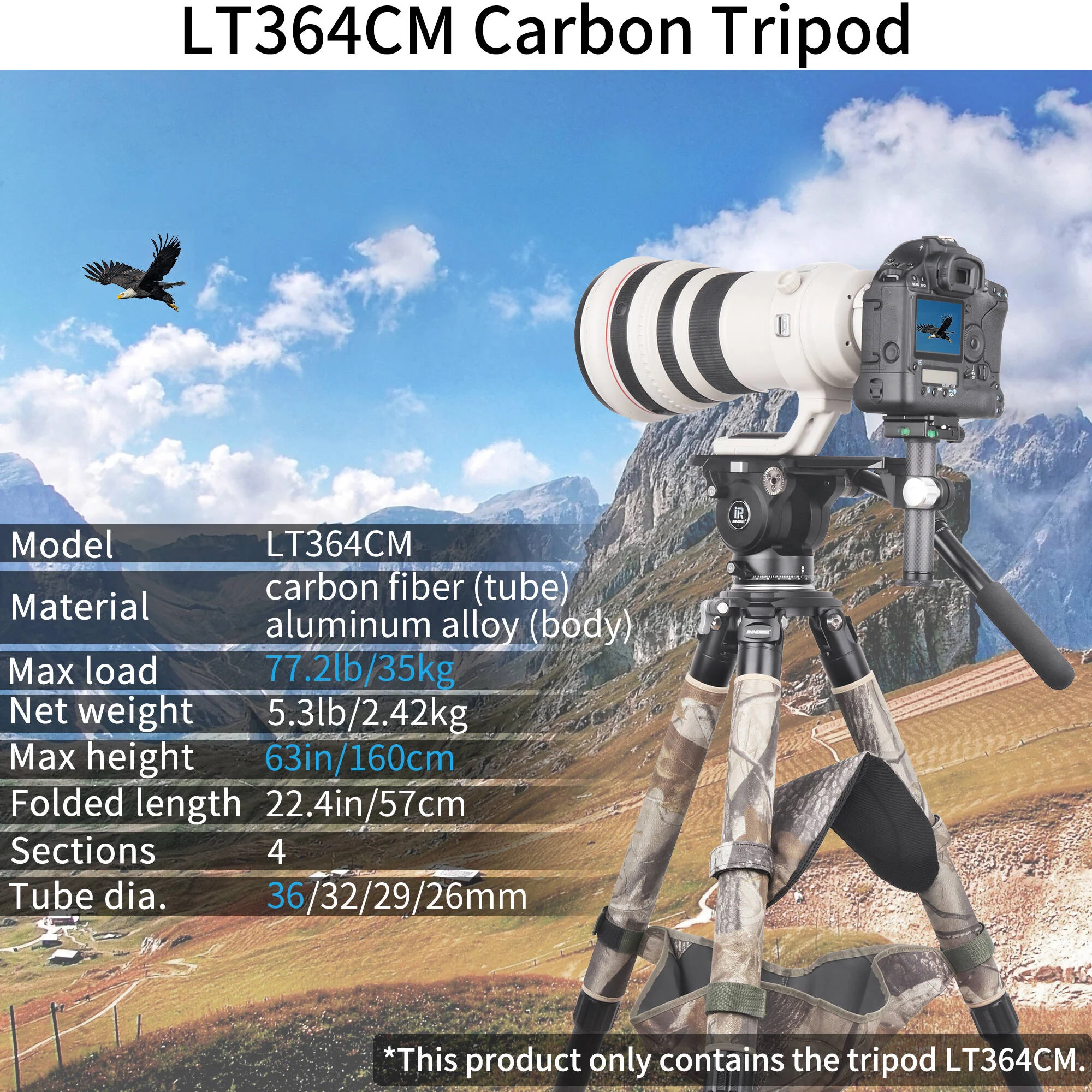 INNOREL LT364CM Carbon Fiber Tripod with 75mm Bowl (Woodland Camouflage) - Image 7