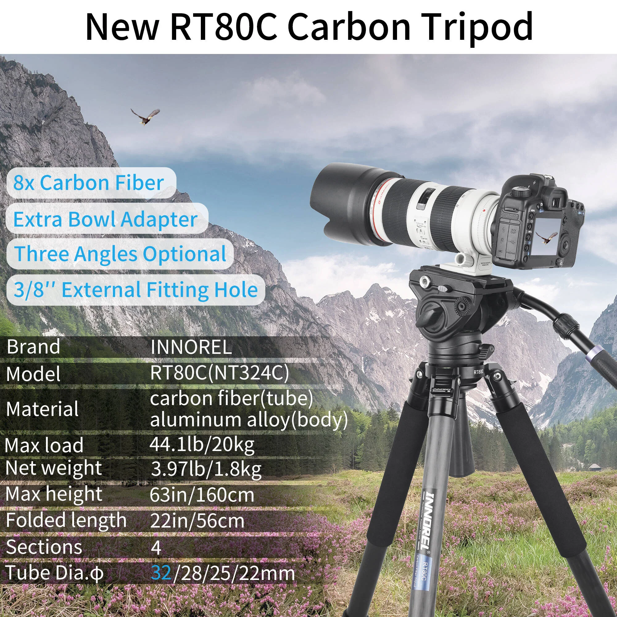 INNOREL RT80C Carbon Fiber Tripod with 75mm Bowl Adapter - Image 4