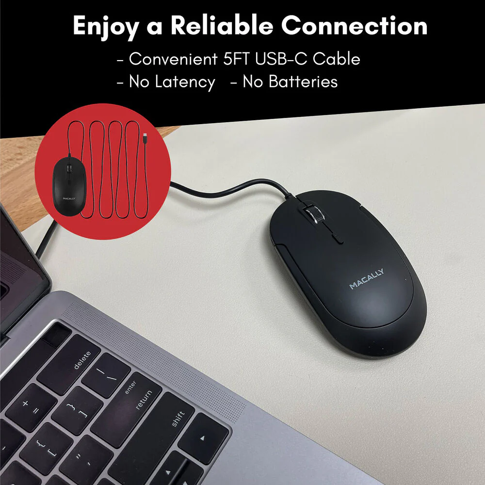 Macally USB Type-C Wired Optical Mouse with Quiet Click for Mac and Windows (Black) - Image 3