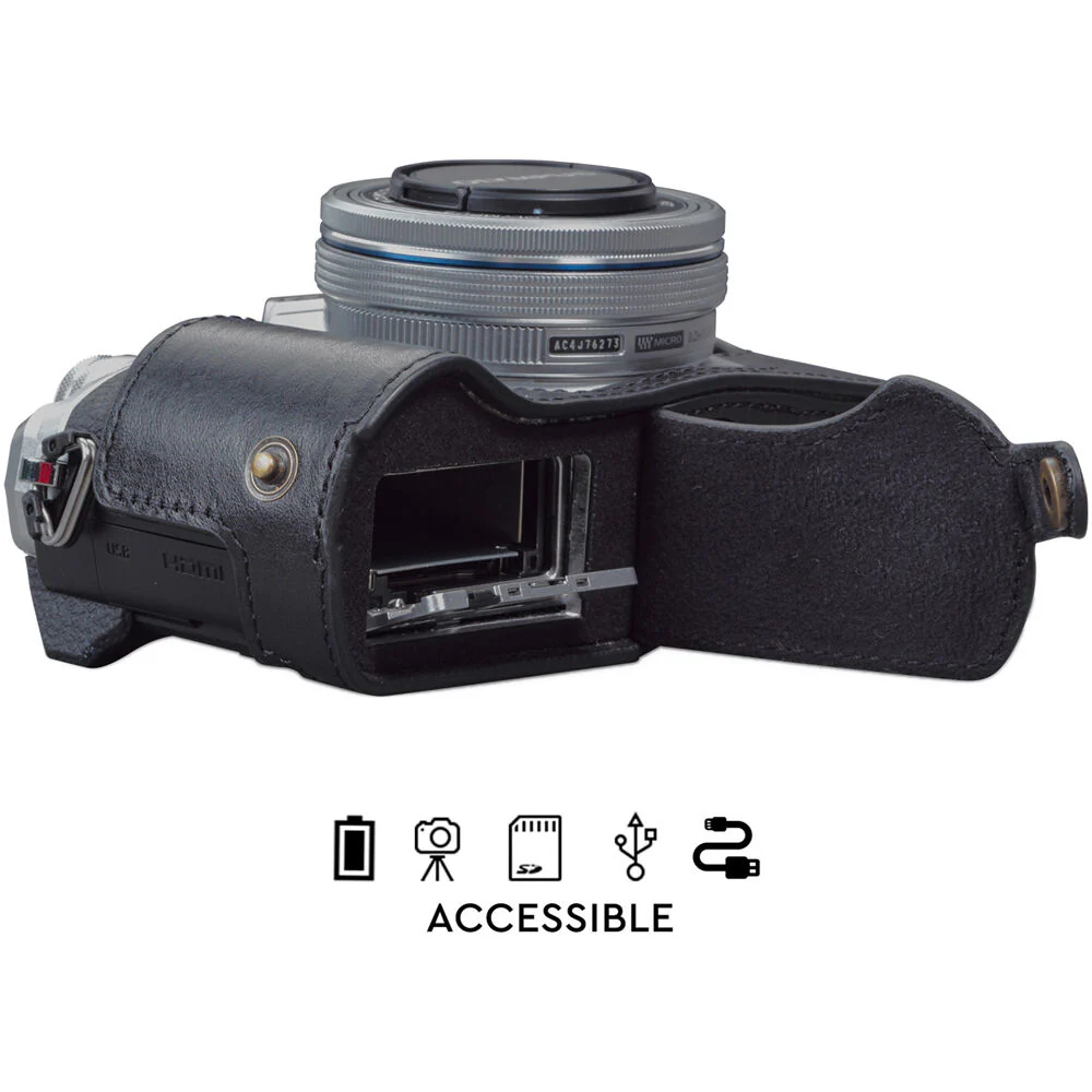 MegaGear Ever Ready Genuine Leather Half Case for Olympus OM-D E-M10 Mark IV Camera (Black) - Image 3