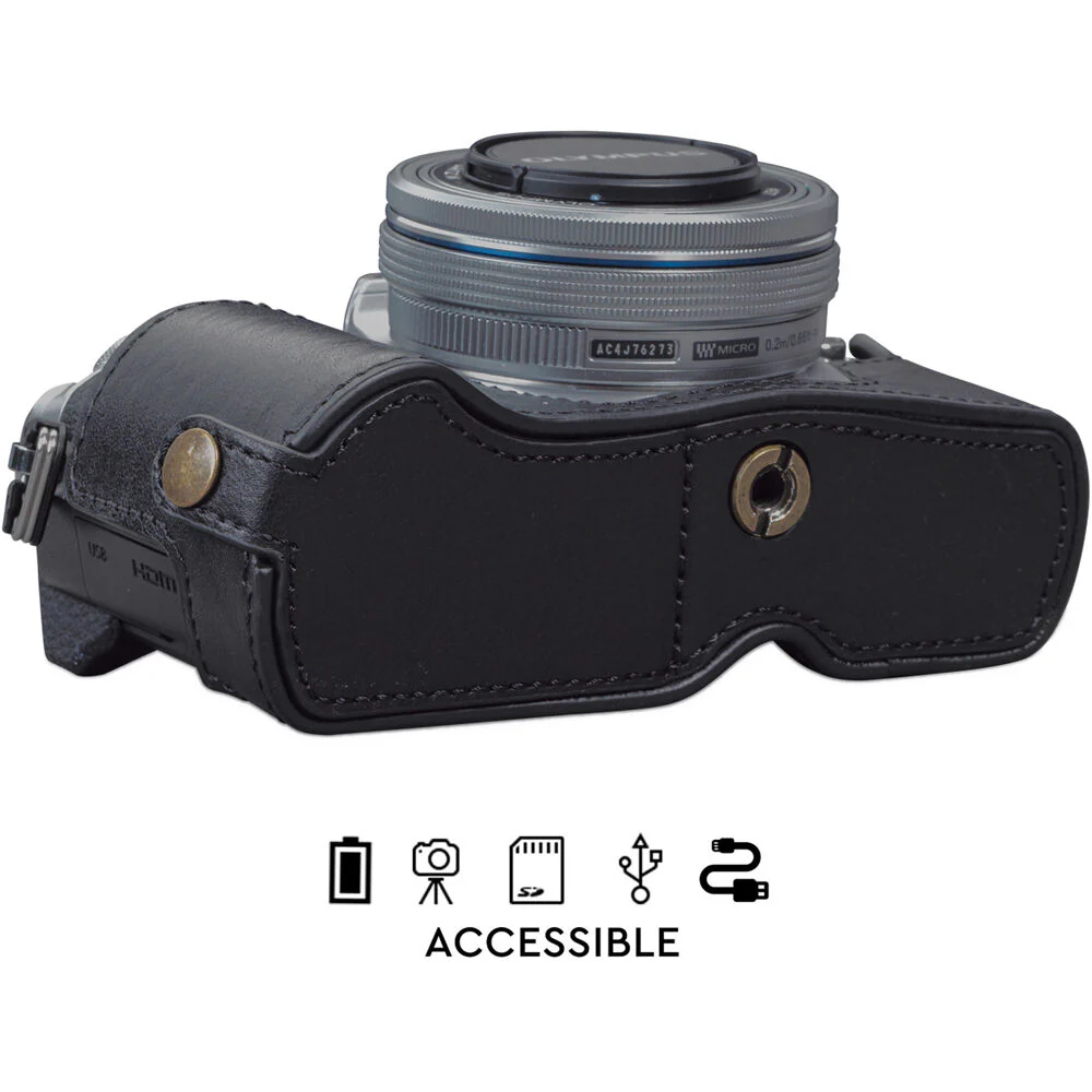MegaGear Ever Ready Genuine Leather Half Case for Olympus OM-D E-M10 Mark IV Camera (Black) - Image 4