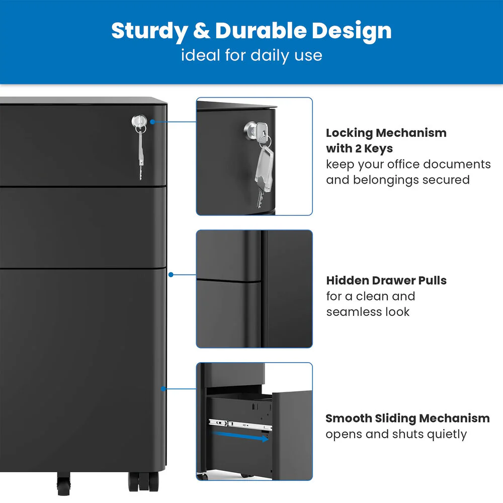 Mount-It! Slim Rolling File Cabinet with 3 Drawers (Black) - Image 7