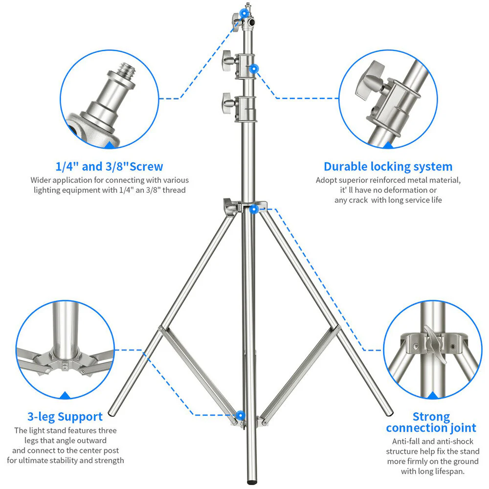 Neewer Heavy-Duty Stainless Steel Light Stand with Universal Adapter (9.8') - Image 3
