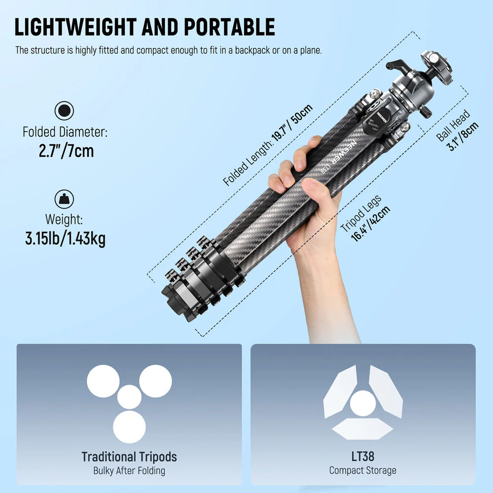 Neewer LT38 Carbon Fiber LITETRIP Travel Tripod with Panoramic Ball Head (61") - Image 3