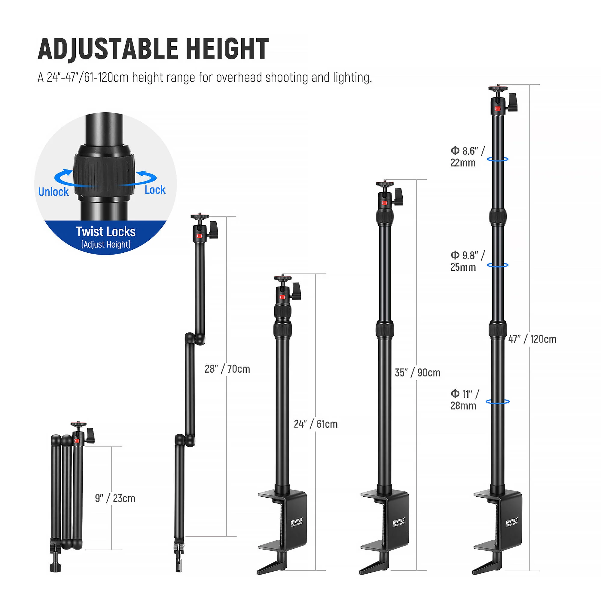 Neewer TL253A Tabletop Stand with MH022 Flexible Arm - Image 2
