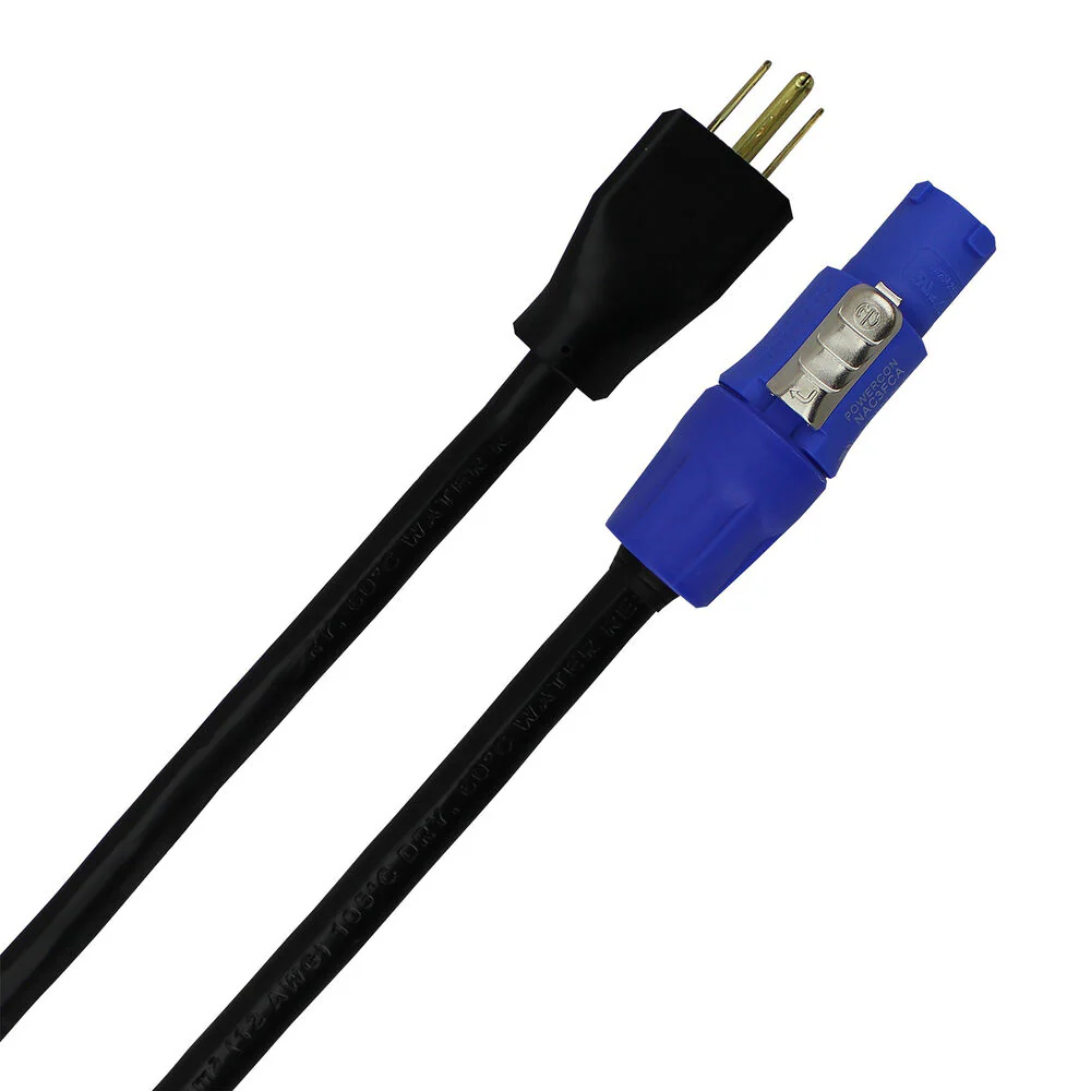 Pro Co Sound E-Cord 12/3 SJTOW 105C Black 5-15P to NAC3FCA PowerCON Blue Cable (50') - Image 2