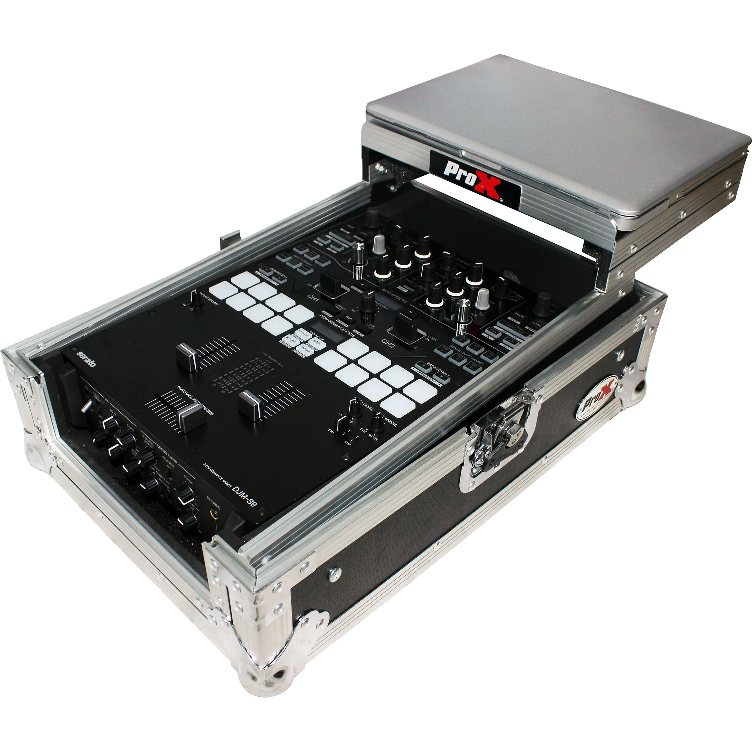 ProX XS-DJMS9LT Flight Case with Sliding Laptop Shelf for Pioneer DJM-S9 Mixer (Silver on Black) - Image 9