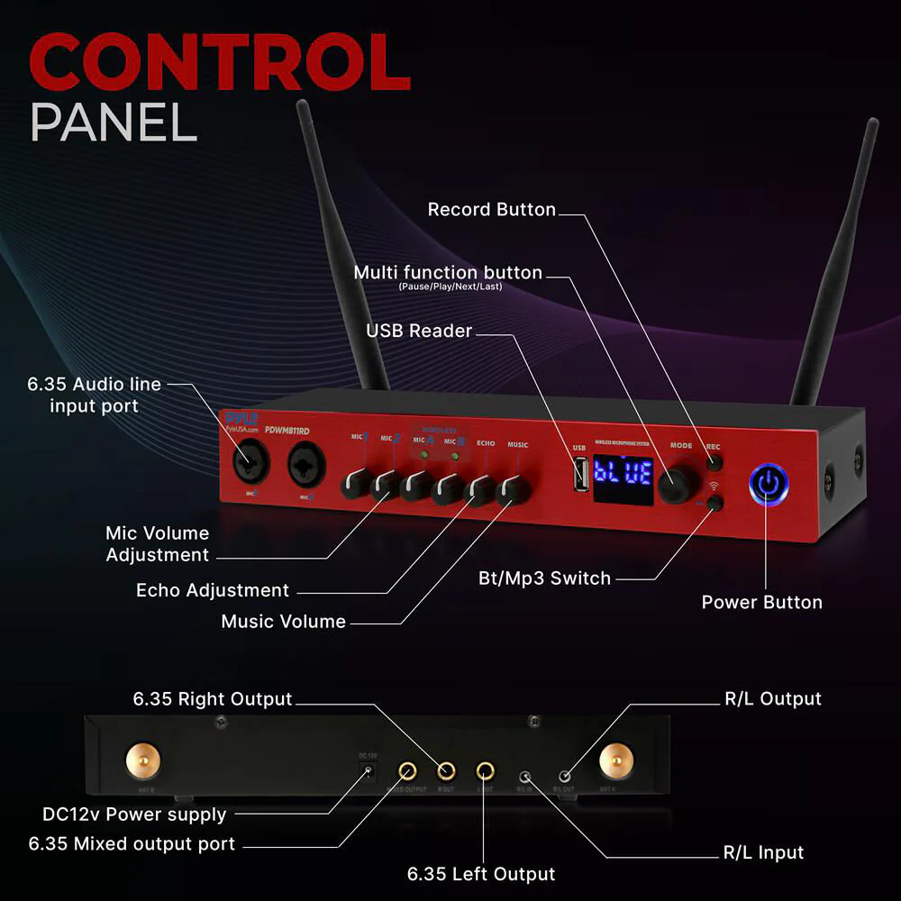 Pyle Pro UHF 2-Channel Wireless Handheld Microphone System with Bluetooth (510 to 590 MHz, Red) - Image 2