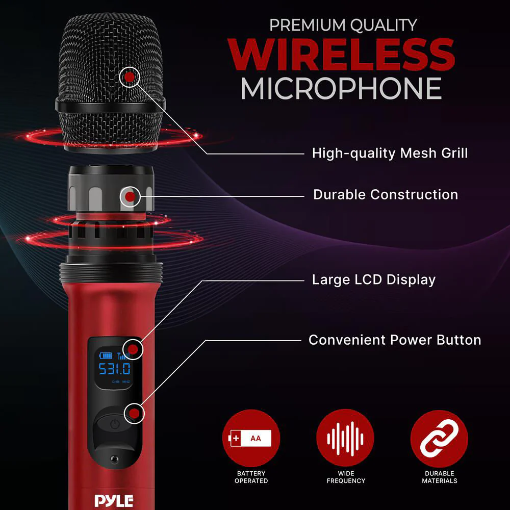 Pyle Pro UHF 2-Channel Wireless Handheld Microphone System with Bluetooth (510 to 590 MHz, Red) - Image 3