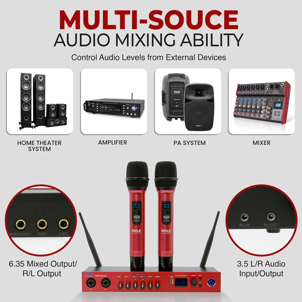 Pyle Pro UHF 2-Channel Wireless Handheld Microphone System with Bluetooth (510 to 590 MHz, Red) - Image 4