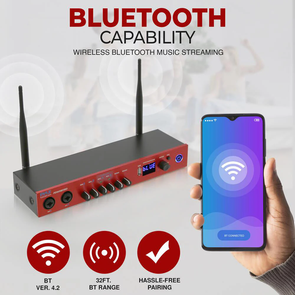 Pyle Pro UHF 2-Channel Wireless Handheld Microphone System with Bluetooth (510 to 590 MHz, Red) - Image 6
