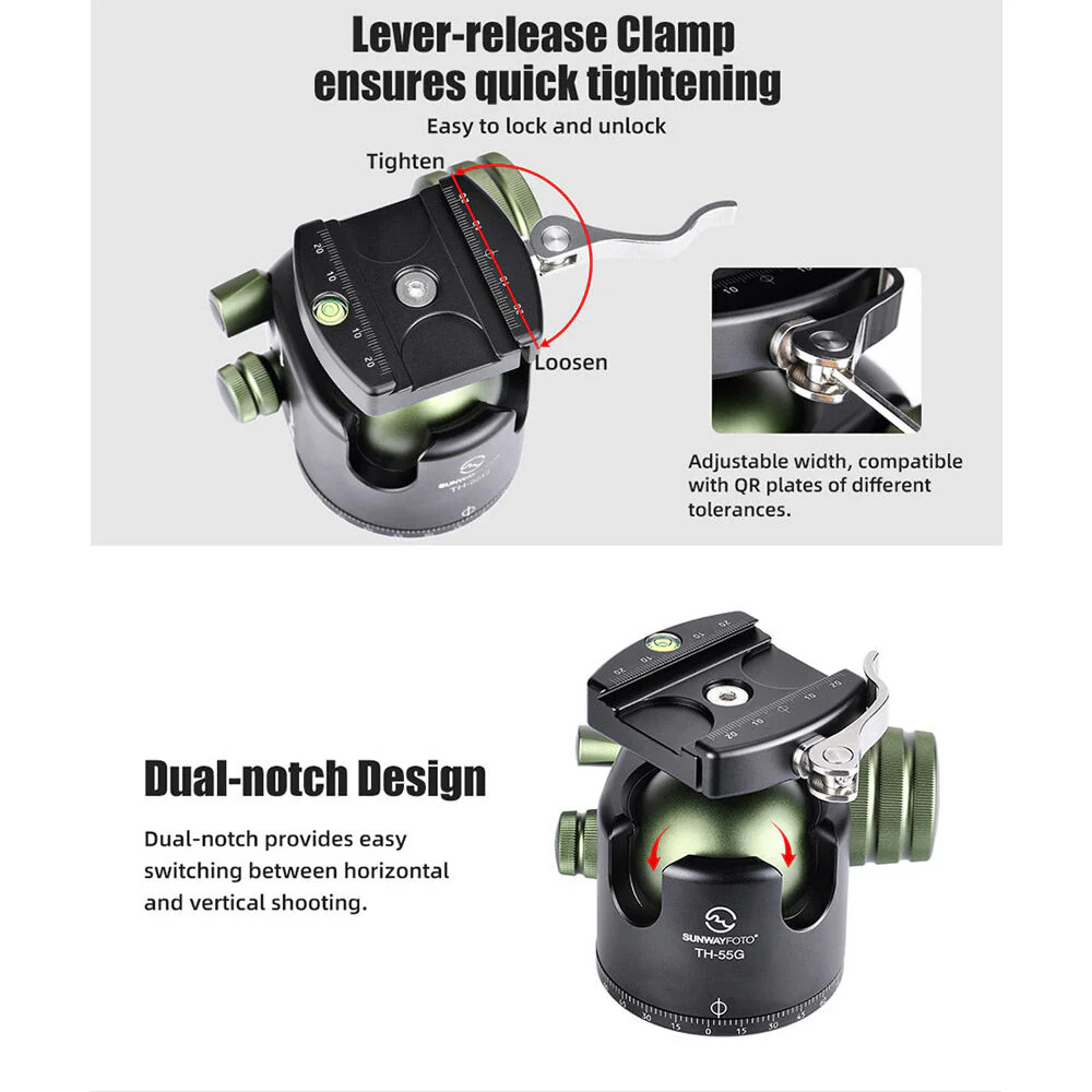 Sunwayfoto TH-55G Low-Profile Ball Head with Lever Clamp and Quick Release Plate (Green) - Image 5