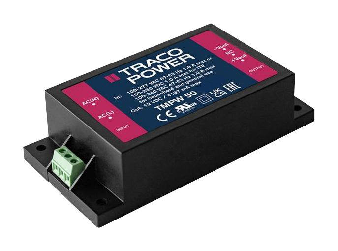 TRACO POWER TMPW 50-115-T AC/DC Enclosed Power Supply (PSU), ITE & Household, 1 Outputs, 50 W, 15 VDC, 3.333 A